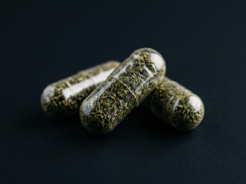 Three clear capsules filled with dried green herbal material arranged on a dark background