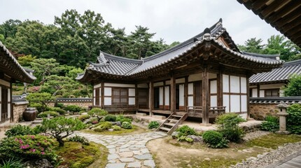 Fototapeta premium A traditional Korean house with tiled roof and wooden walls. The structure features a courtyard with stone pathways and a small garden. 