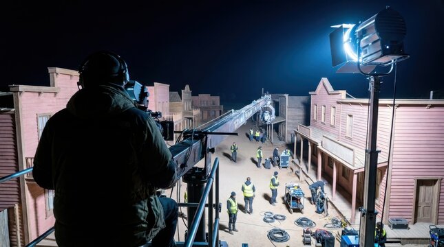 Filmmaking crew on western street set at night