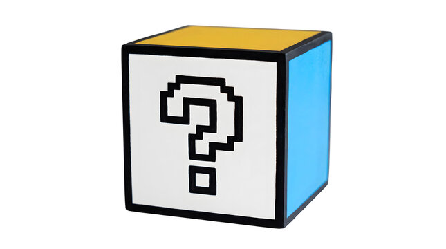 A three dimensional cube with a pixel art question mark on a white background