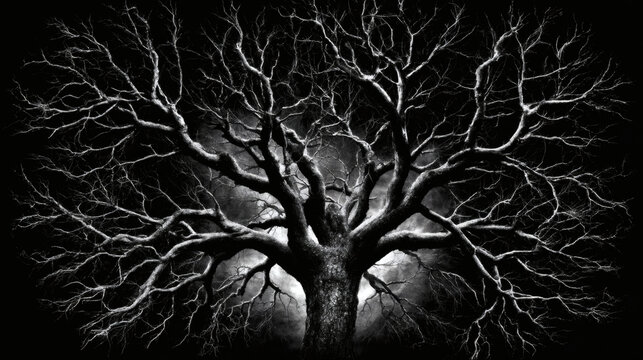Ancient Leafless Tree with Twisted Branches on Black Background