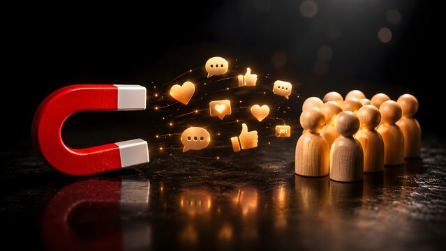 Red magnet pulling glowing social media engagement icons from a crowd of wooden figures symbolizing target audience attraction and digital marketing.
