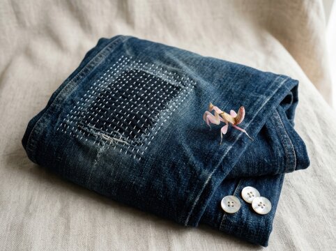 Sashiko Mended Jeans with Visible Repair on Soft Linen
