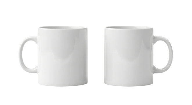Two blank white ceramic mugs side by side on white background