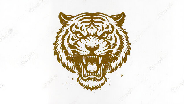 Roaring Tiger Head in Vintage Japanese Inspired Gold Graphic Style