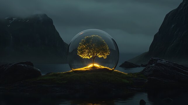 Glowing tree in a glass dome in a mountain valley.