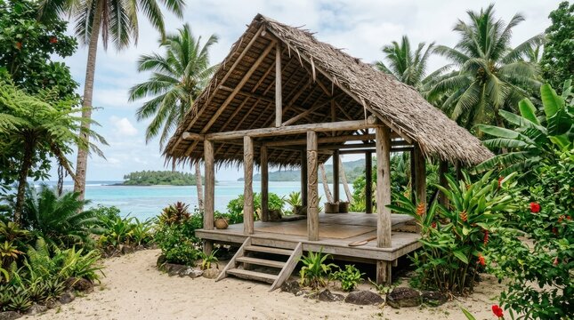 A wooden hut with a thatched roof on a tropical beach with palm trees and lush greenery.