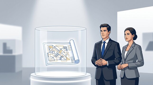 Intellectual Property Protection Patent Copyright Corporate Legal Audit and Trademark Brand Defense Strategy by Legal Council Team Protecting Blueprint Under Glass Dome Modern Vector Illustration