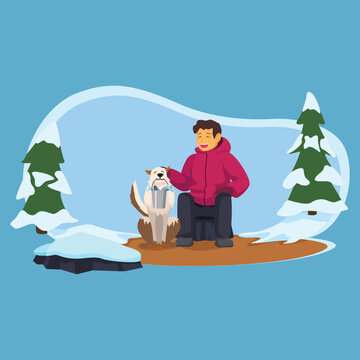 A cheerful man in a red jacket pets his dog outdoors amid snow-covered pine trees in a flat design winter illustration.