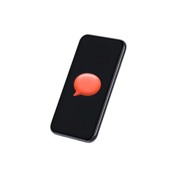 Black smartphone mockup featuring orange 3d notification bubble icon floating on isolated screen.