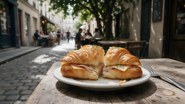 Halved ham and cheese croissant sandwich on a plate at a Parisian street cafe