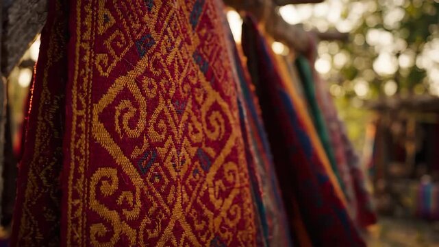 Intricate red and gold patterned textile displayed outdoors in soft sunlight.