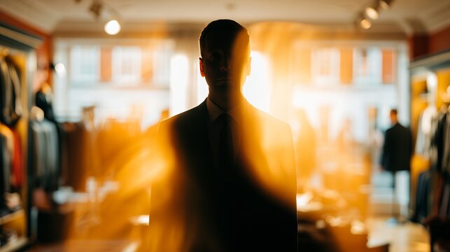 Faceless man wearing suit in tailor fitting room. Man standing silhouetted by warm light, trying on a custom suit in a luxury tailor shop