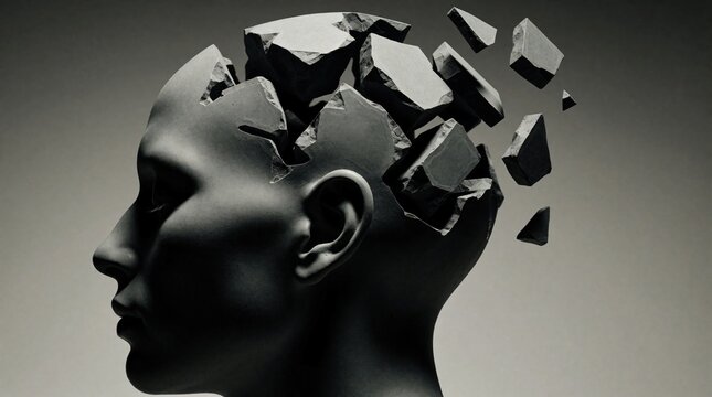 Grey sculpture of human head with broken stone pieces falling apart. Conceptual art shows mental health issues like stress, anxiety, depression. Fragmented skull represents psychological breakdown,