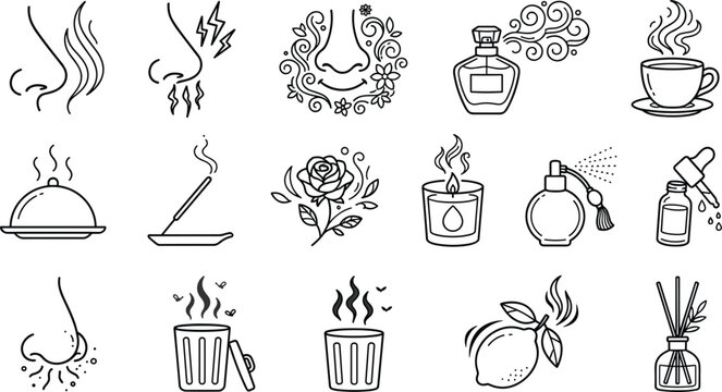 Smell and scent line art vector icon set with fragrance nose incense perfume food aroma and bad odor collection