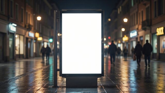 Blank illuminated billboard on a rainy city street at night