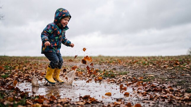 Child Jumping Into Rain Puddle In Autumn With Wet Leaves For Happy Seasonal Childhood Lifestyle