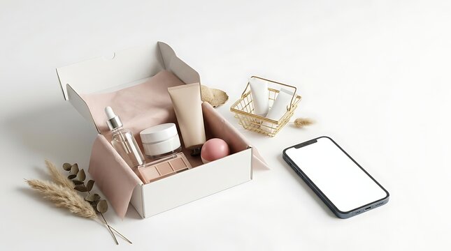 Open delivery box with beauty skincare products and a mobile phone for online shopping and commerce. discounted cosmetic packs
