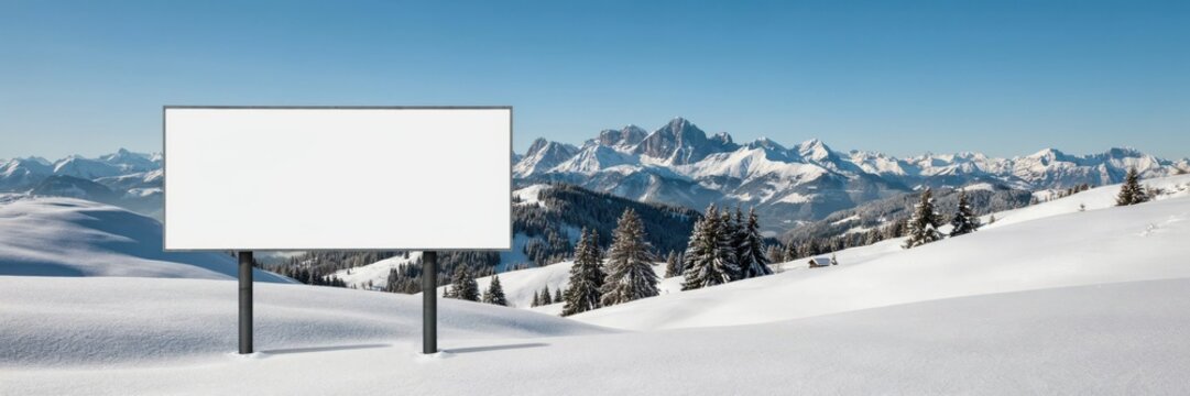 Blank billboard in a snowy mountain landscape