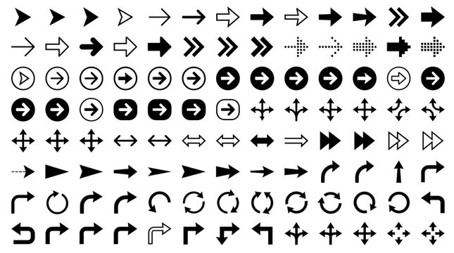 Vector black directional arrows set. Collection of navigation symbols, curved and straight pointers, isolated on white background. For UI design, infographics, presentation arrows