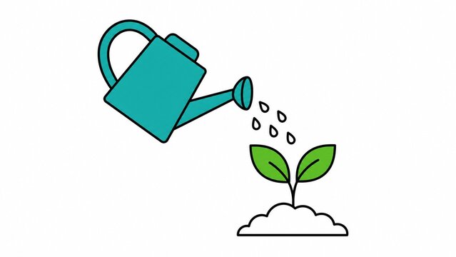 Minimalist watering can icon, flat vector illustration of gardening and plant growth, teal watering pot with green seedling