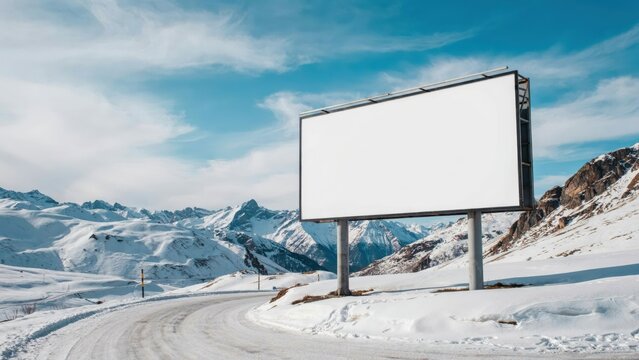 Blank billboard on a snowy mountain road