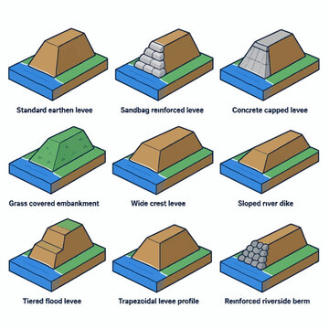 Isometric diagram of river levee and dike engineering designs