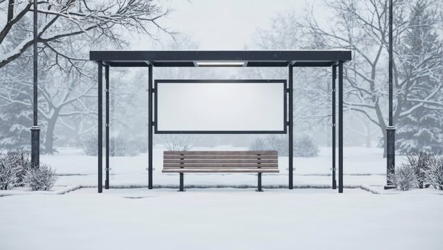 Empty billboard at a bus stop in a snowy winter park