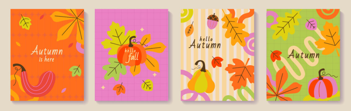 Set of bright greeting autumn flyers with hand drawn colorful pumpkins, acorns, autumn maple and oak leaves in childish style. Design for greetings, invitations, posters, print, web, sales. Vector
