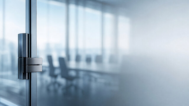 Modern frosted glass office door with metal hinge. Blurred corporate conference room interior. Professional workspace background.