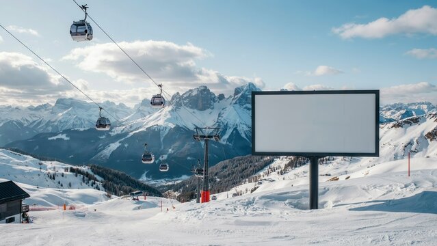 Blank billboard on snowy mountain ski resort slope