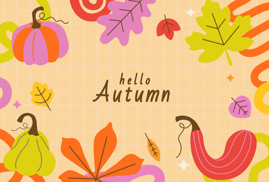 Greeting autumn card. Bright banner with fall hand drawn symbols - pumpkin, autumn colorful maple and oak leaves. Design for greetings, invitations, posters, print, web, sales. Vector illustration.