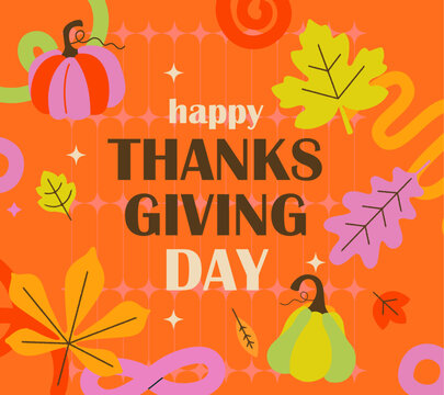 Happy thanksgiving day greeting banner. Bright banner with hand drawn pumpkins and autumn colorful maple, oak leaves. Design for greetings, invitations, posters, print, web, sales. Vector illustration