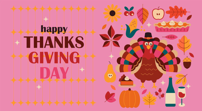 Thanksgiving bright card with turkey in pilgrim hat and other symbols of holiday - pumpkin,pie,leaves, wine. Autumn harvest sales,cornucopia concept. For promo, web, cards, flyers, posters, ad. Vector