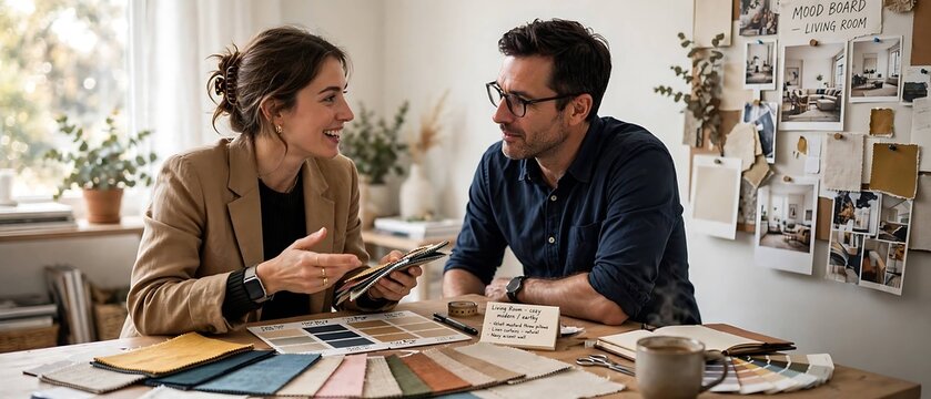 Designer and Client Reviewing Living Room Mood Board