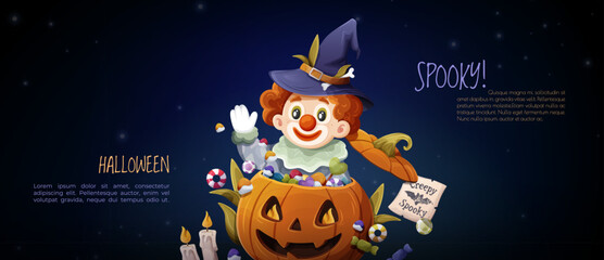 Naklejka premium Halloween circus banner featuring a cheerful clown sitting inside a carved pumpkin, wearing a witch hat and surrounded by candy, candles and festive decorations on a dark background