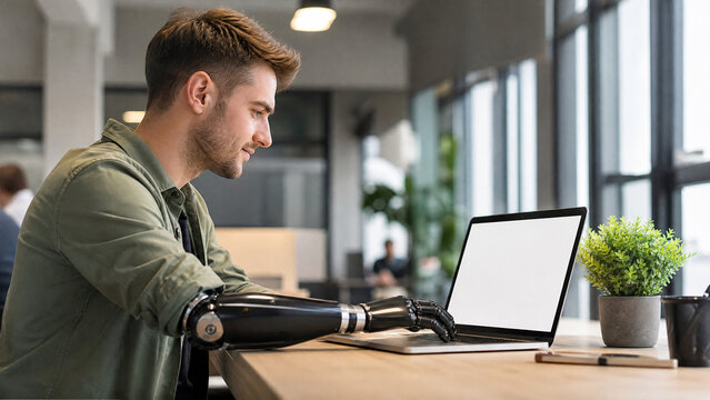 Prosthetic arm user working on laptop, young man with bionic hand in modern office, disabled professional using computer