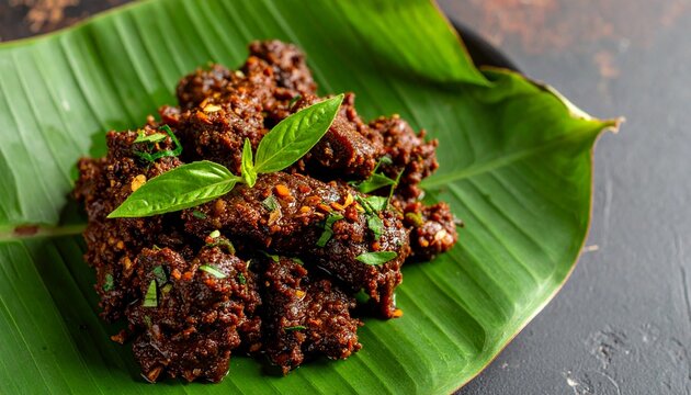 Spicy Beef Rendang Garnished With Fresh Cilantro Served On A Banana Leaf