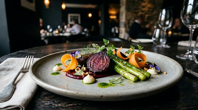 Gourmet roasted vegetable dish served on a plate in fine dining restaurant