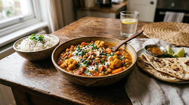 Vegetable Curry with Rice and Naan Bread Served on a Rustic Wooden Table