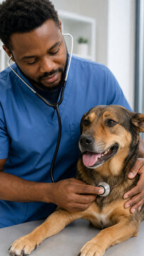 Caring veterinarian in blue scrubs listens to a relaxed mixed breed dogs chest during a routine health examination in a bright clinic.