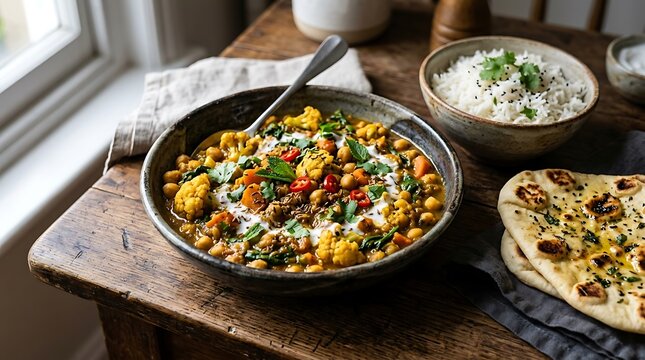 Vegetable Curry Served with Rice and Flatbread on a Rustic Wooden Tabletop