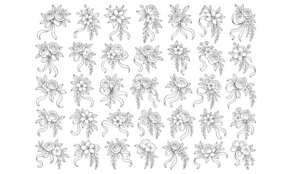 Floral bow line art sketch collection of roses, blossoms and ribbons for elegant decorative vector designs