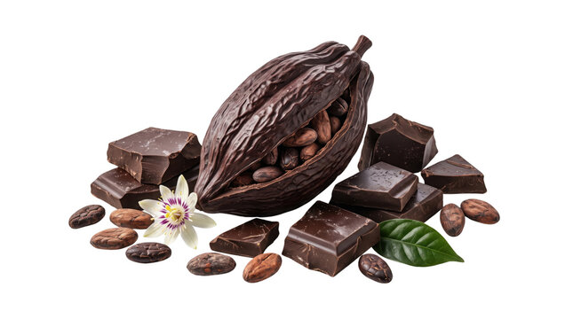 Whole cocoa pod with dark chocolate pieces, raw cacao beans and tropical flower, gourmet chocolate ingredients on white background