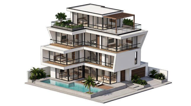 Modern three story luxury villa with swimming pool and rooftop terrace isolated on black