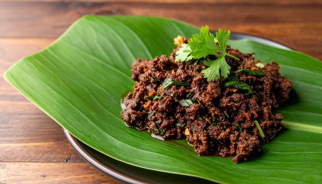 Spicy minced beef salad served on fresh banana leaf with herbs