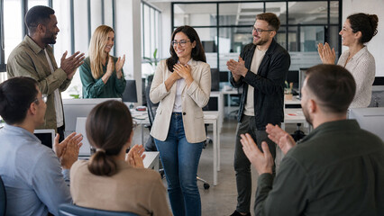 Obraz premium Diverse business team applauding female colleague in office, happy coworkers celebrating success, professional recognition and corporate achievement