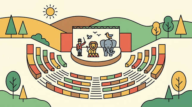 A stylized circus performance featuring a ringmaster and animals at an outdoor amphitheater