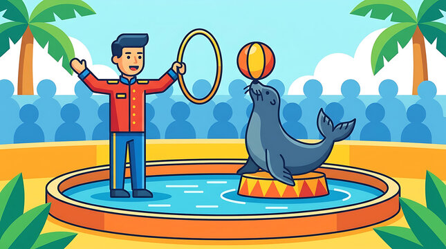A trained circus seal balances a ball on its nose for an audience