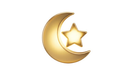 Golden 3D Crescent Moon and Star Icon Isolated on White Background for Ramadan Decoration © Graphics River